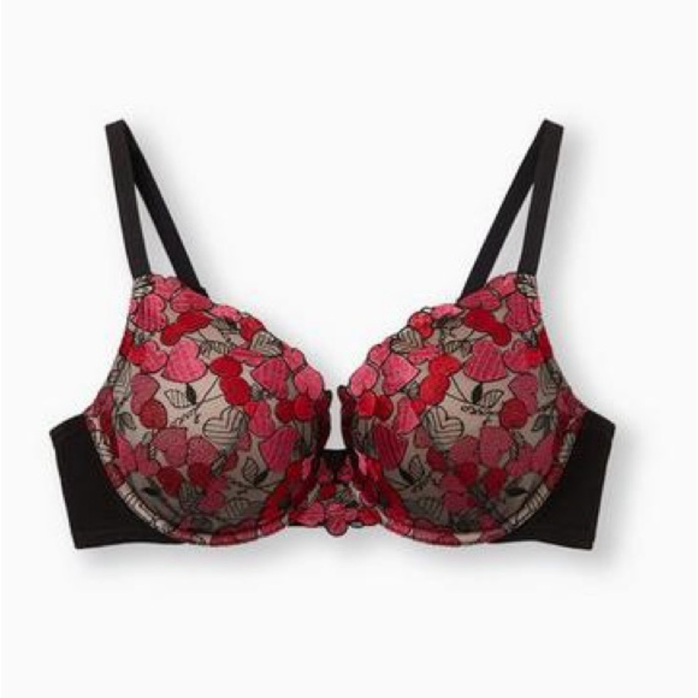 Torrid Black Mesh & Red Cherry Heart Embroidered Push-Up Plunge Bra